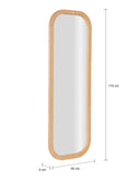 Espejo de piso Akari, alto y rectangular con bordes redondeados, enmarcado en madera, ideal para cualquier espacio.