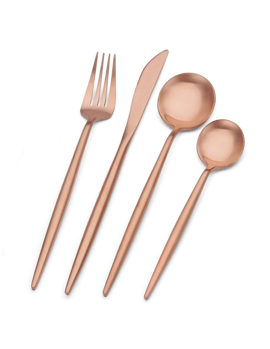 Juego de cubiertos en color bronce para 4 personas, que incluye tenedor, cuchillo, cuchara y cuchara de postre.