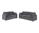 Set de Sala Andrea con sofá de 3 cuerpos y sofá de 2 cuerpos en gris, ambos con un diseño simple y múltiples cojines.