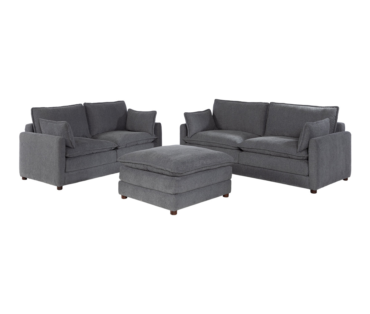 Set de Sala Andrea Sofá 3 Cuerpos, Sofá 2 Cuerpos y Taburete en Gris
