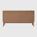 Credenza Meztli de diseño rectangular en tono claro, con superficie lisa y cuatro patas, ideal para cualquier espacio.