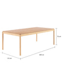 Mesa de comedor rectangular en acabado encino, con superficie plana y cuatro patas, ideal para cualquier espacio.