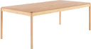 Mesa de comedor rectangular en acabado encino, con un diseño moderno y patas rectas, ideal para cualquier espacio.