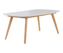 Mesa de comedor Sei de 160 cm en blanco, con superficie rectangular y patas de madera anguladas. Ideal para cualquier sala.