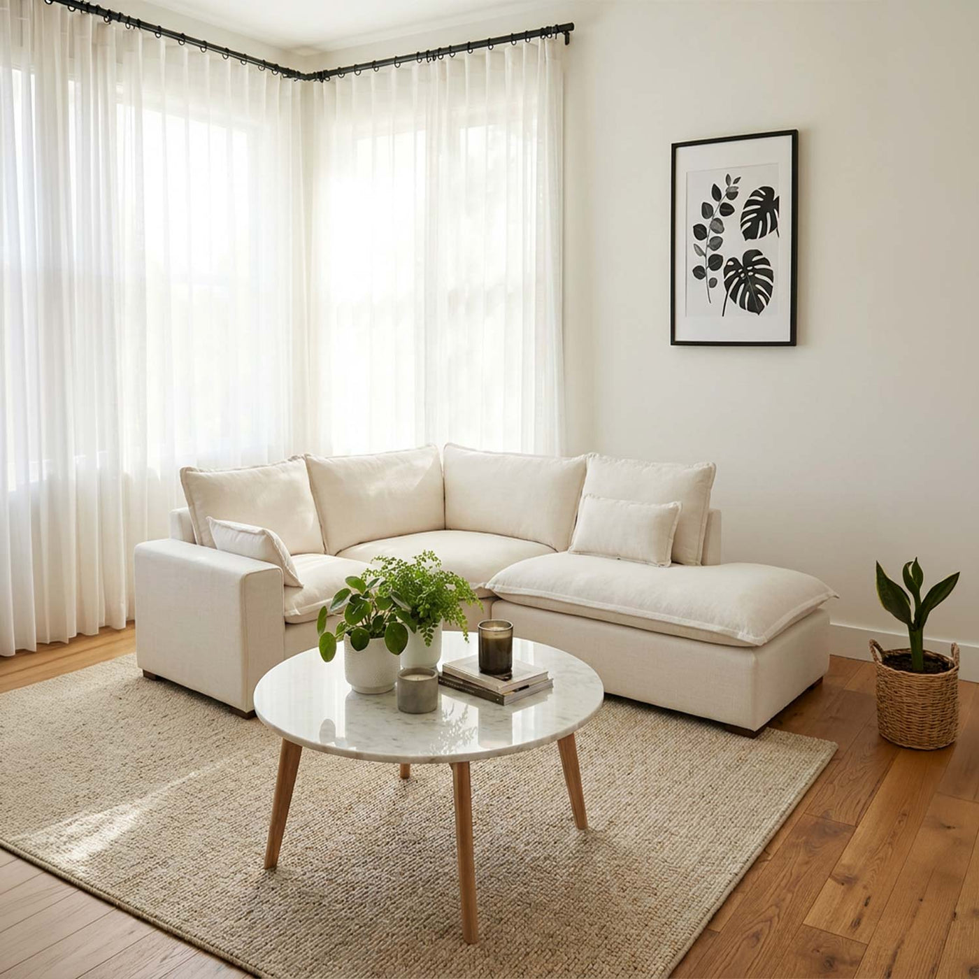 Set modular 3 Plazas con banca derecha, Emilia marfil