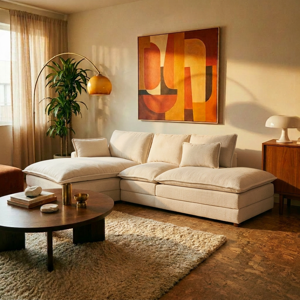 Set Modular Andrea de 3 Plazas con Chaise Izquierdo en Marfil