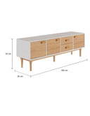 Medidas del mueble de TV Sei de 160 cm con estructura perimetral blanca, tres puertas batientes y dos cajones centrales en acabado madera clara con tiradores rectangulares de madera.