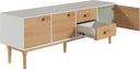 Mueble de TV Sei de 160 cm en blanco y madera clara, con cuatro compartimentos y un diseño moderno y minimalista.