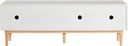Mueble de TV Sei de 160 cm con frente blanco y patas de madera natural, diseñado con cortes circulares para una gestión de cables ordenada.