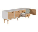 Mueble de TV Sei de 160 cm con acabado blanco, cuatro compartimentos y diseño moderno, ideal para tu sala.
