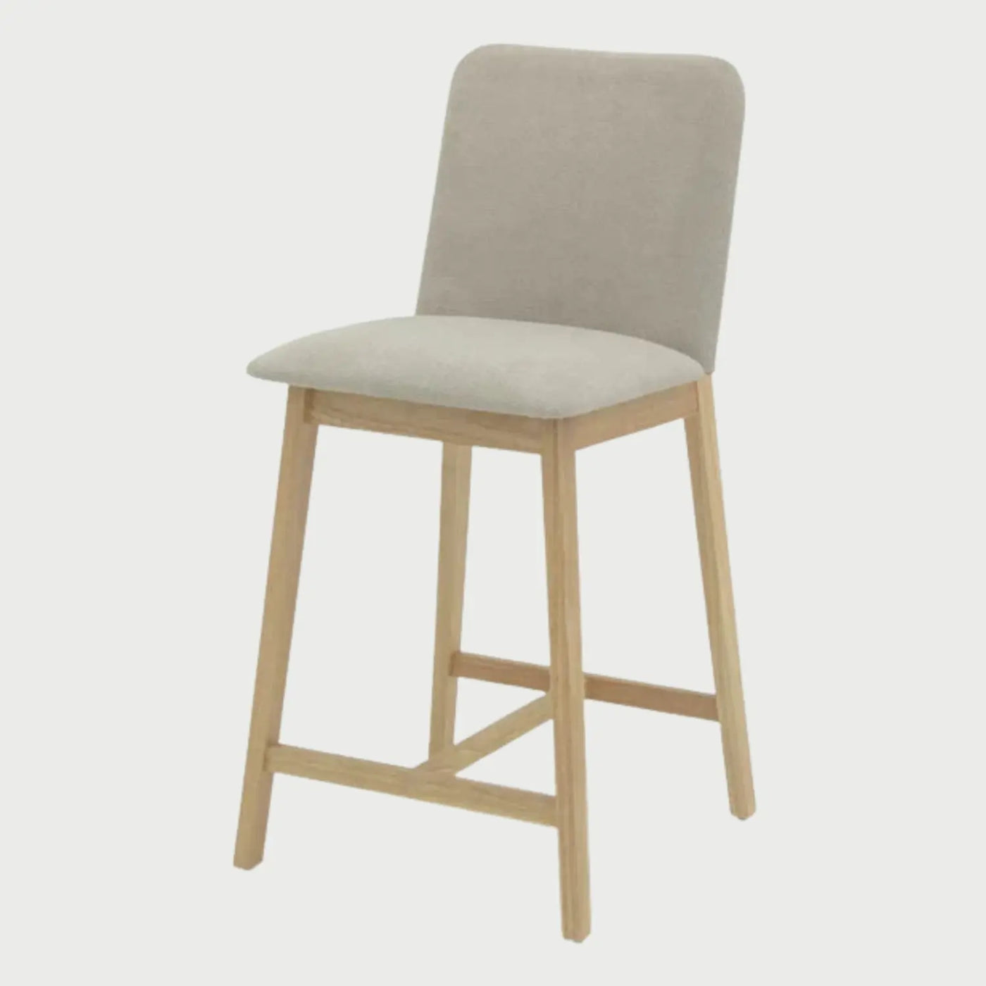 Vista lateral del banco alto Ledel beige, mostrando el perfil delgado del respaldo y la inclinación de las patas de madera clara que brindan una postura ergonómica para barras.