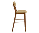 Banco Alto Marcela en acabado nogal con estructura de madera y asiento acolchado. Diseño moderno y cómodo para cualquier comedor.