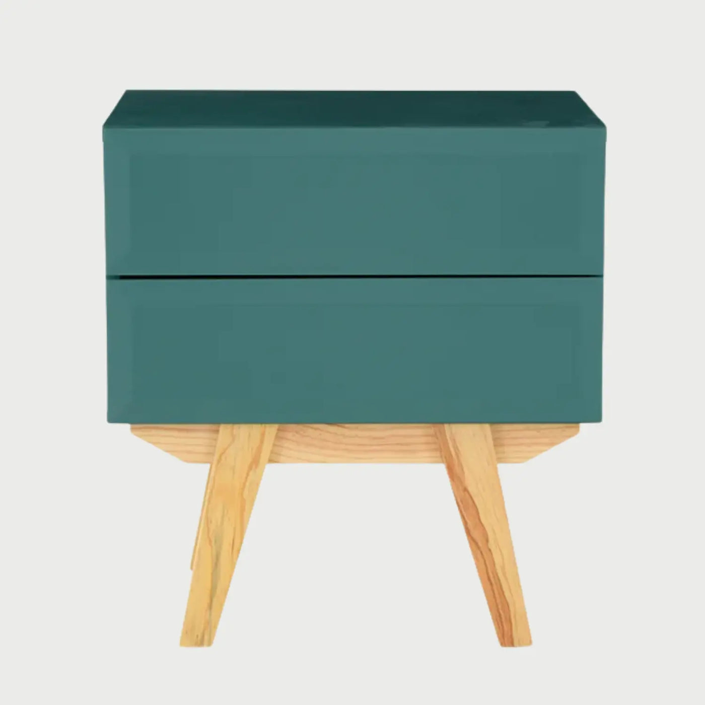 Vista frontal del buró Cuauhtémoc en color verde mate, con dos cajones de frentes biselados y base de madera natural con patas angulares.