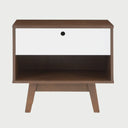 Frontal de buró Evo con estructura nogal, un cajón blanco con uñero negro y nicho abierto inferior.