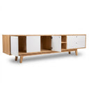 Mueble de TV Evo de 200 cm en acabado encino, con puertas blancas y estanterías abiertas, diseño moderno y minimalista.