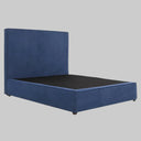 Vista superior de la estructura de la cama Raquel que muestra el área de soporte interna en color negro para el colchón, rodeada por el grueso marco perimetral tapizado en azul que define su robustez visual.