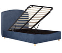 Cama queen size Nakane en azul marino con cabecera tapizada y base, ideal para transformar tu dormitorio con estilo y funcionalidad.