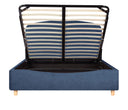 Cama queen size Nakane en azul marino con un diseño moderno y minimalista, que incluye un mecanismo de elevación para almacenamiento.