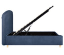 Cama queen size Nakane en azul marino con un diseño moderno y minimalista, incluye un mecanismo de almacenamiento debajo.