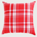Vista frontal del cojín cuadrado Cobijo de 45 x 45 cm; presenta un patrón clásico de cuadros en color rojo vibrante con líneas blancas que se cruzan, creando una estética cálida y tradicional sobre un tejido de algodón visible.