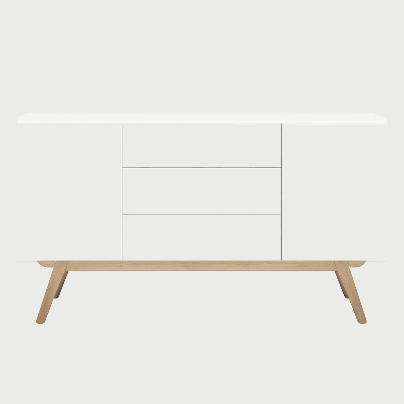 Vista frontal de la credenza Cuauhtémoc en color blanco, con tres cajones centrales y dos puertas laterales de frentes biselados, sobre una base de madera clara con patas angulares