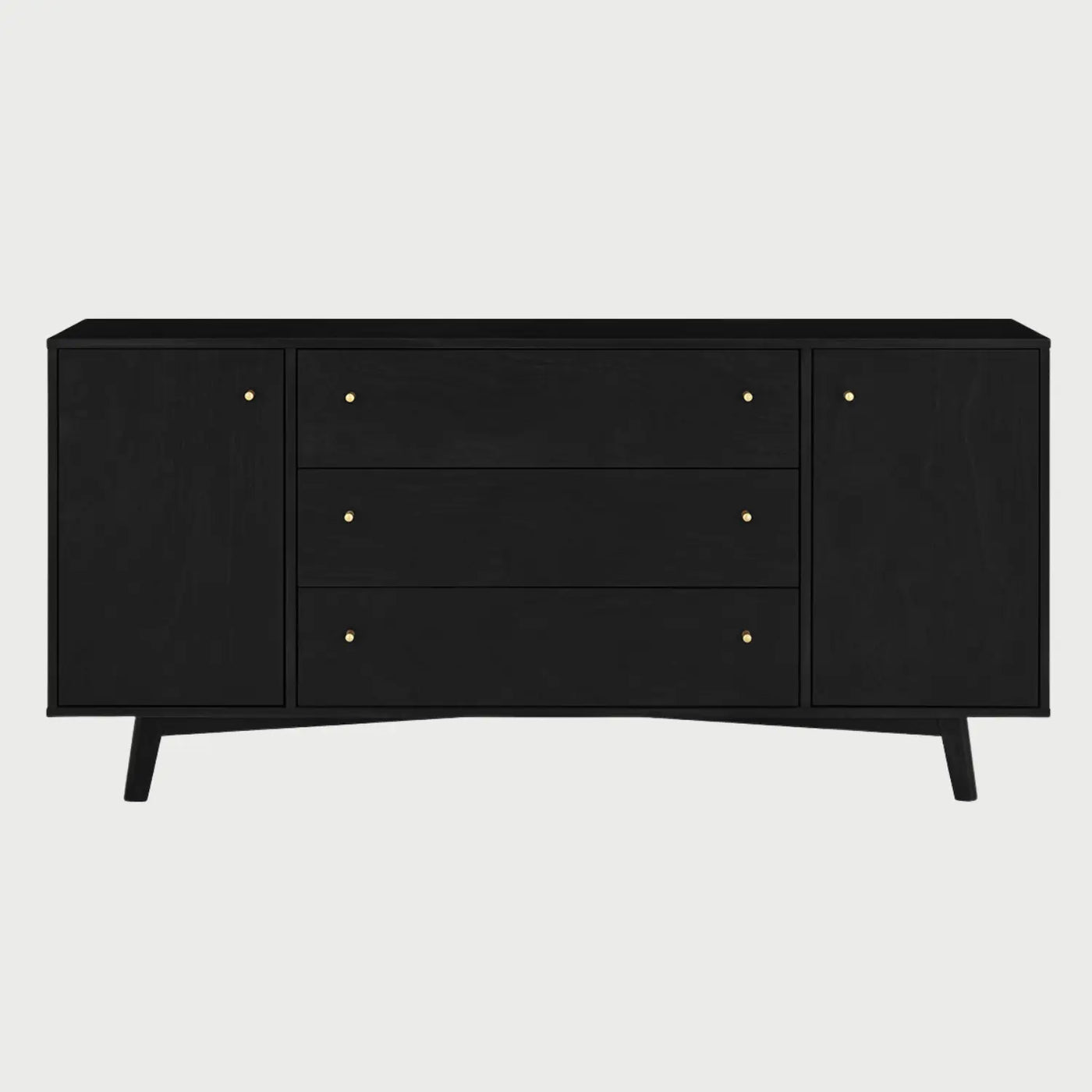 Frontal de la credenza Serdan en color negro mate, resaltando el brillo de sus tiradores dorados y la distribución simétrica de sus compartimentos de almacenamiento.