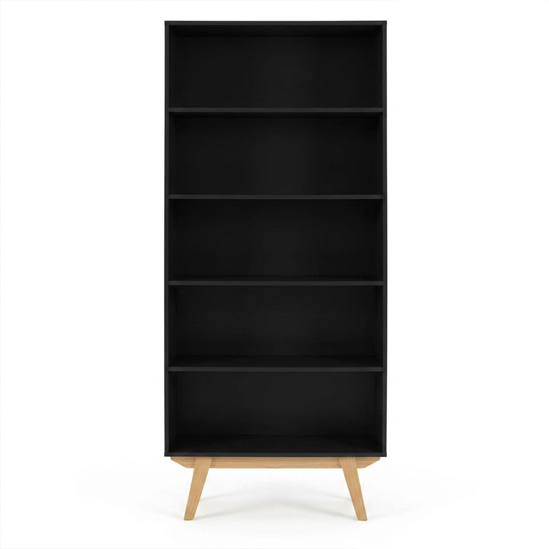 Librero 180 cm Cuauhtémoc en color negro, con cinco estantes abiertos y patas de madera clara, diseño moderno y sencillo.