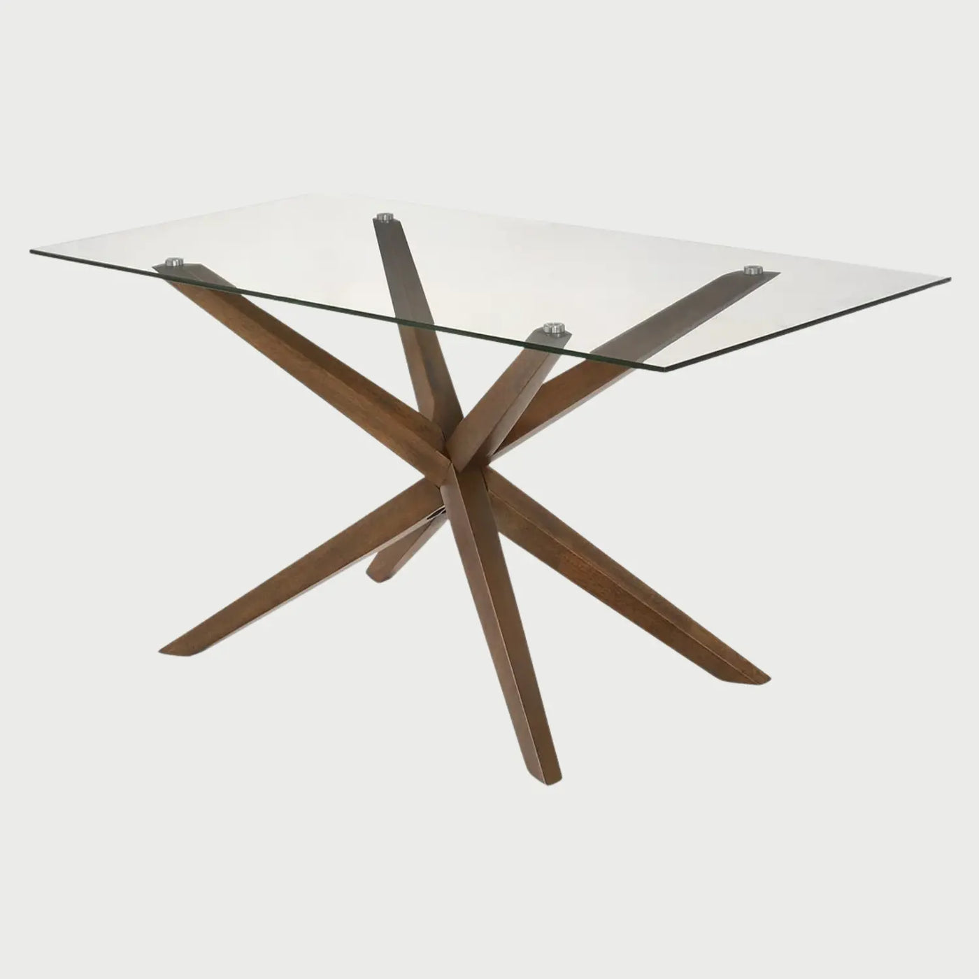 Vista frontal de la mesa de comedor Alessa de 180 cm; cuenta con una superficie rectangular de cristal templado transparente y una base de madera en color nogal con diseño de aspas entrelazadas que forman una estructura en X.