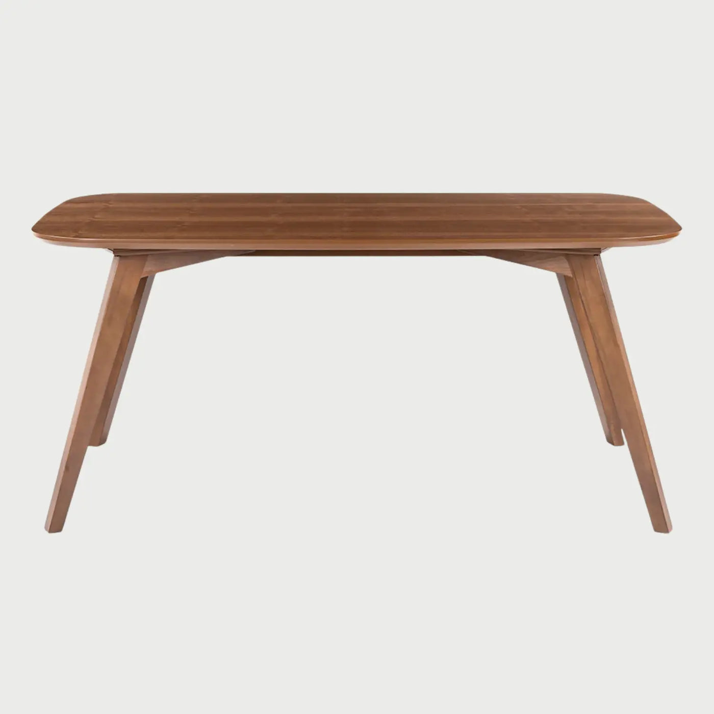 Vista frontal de la mesa de comedor Talitha de 160 cm en color café nogal; destaca su cubierta rectangular con bordes redondeados y una estructura de cuatro patas angulares que aportan un estilo mid-century moderno.