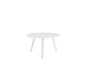 Mesa de centro redonda Xocos en color blanco con tres patas rectas que se estrechan hacia abajo, diseño moderno y sencillo.
