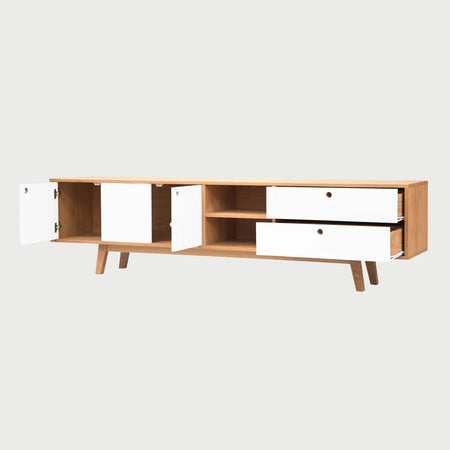 Perfil lateral del mueble Evo mostrando una profundidad de 40 cm y la elevación de sus patas de madera inclinadas.