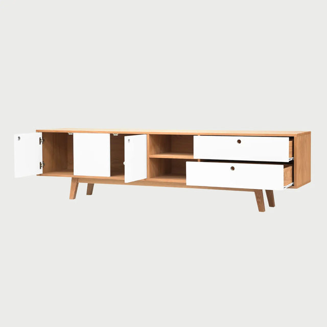 Perfil lateral del mueble Evo mostrando una profundidad de 40 cm y la elevación de sus patas de madera inclinadas.