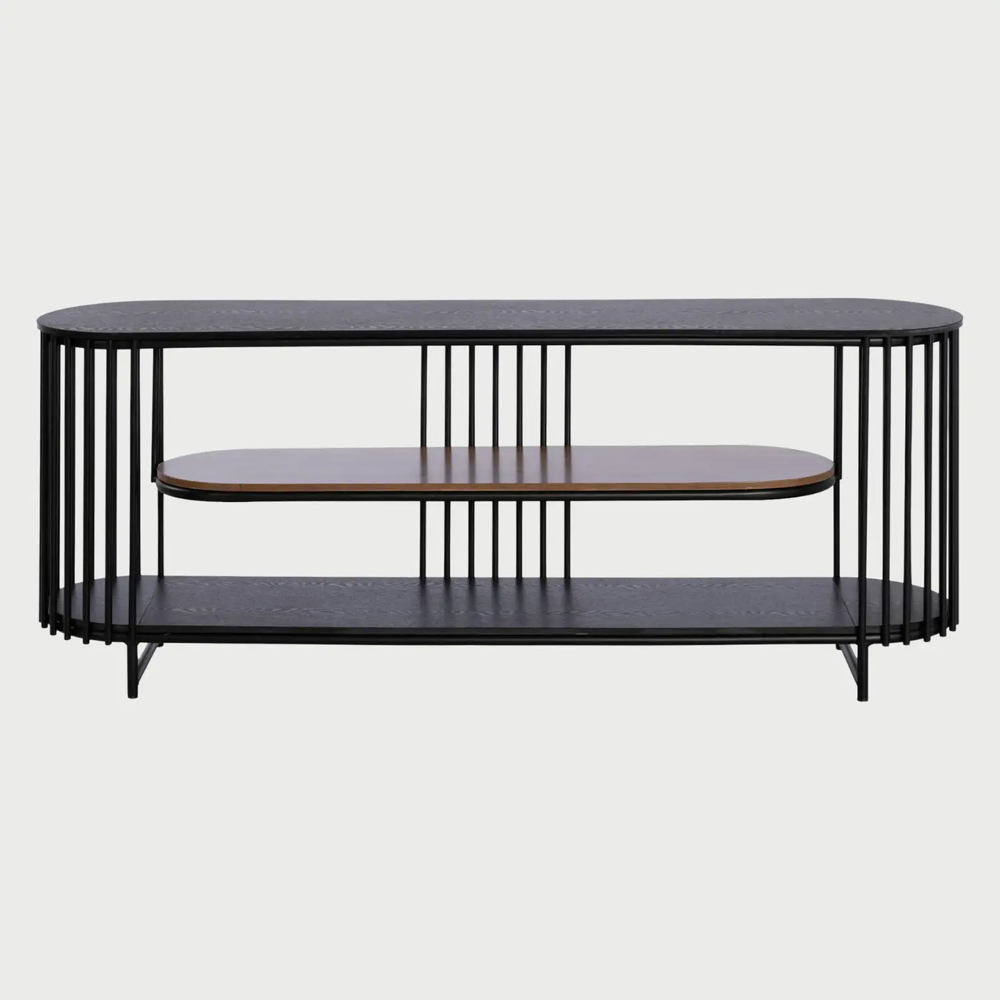 Vista frontal del mueble de TV Loreta de 162 cm en acabado café oscuro; presenta un diseño asimétrico con dos grandes puertas grises mate y cuatro nichos abiertos de madera para organización.