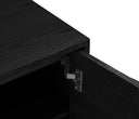 Mueble de TV Sasian en color negro, con una puerta parcialmente abierta y un diseño funcional y elegante.