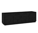 Mueble de TV Sasian en color negro, con un diseño moderno y elegante, cuatro puertas con patrón curvado y superficie plana.