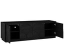 Mueble de TV Sasian en color negro, con estantes abiertos y puertas para almacenamiento, ideal para tu sala.