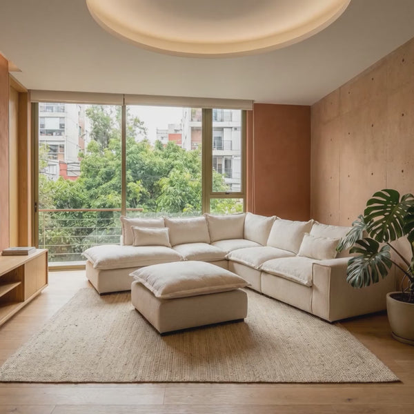 Sala moderna con set modular Emilia GAIA banca izquierda en ambiente residencial vista frontal y de altura