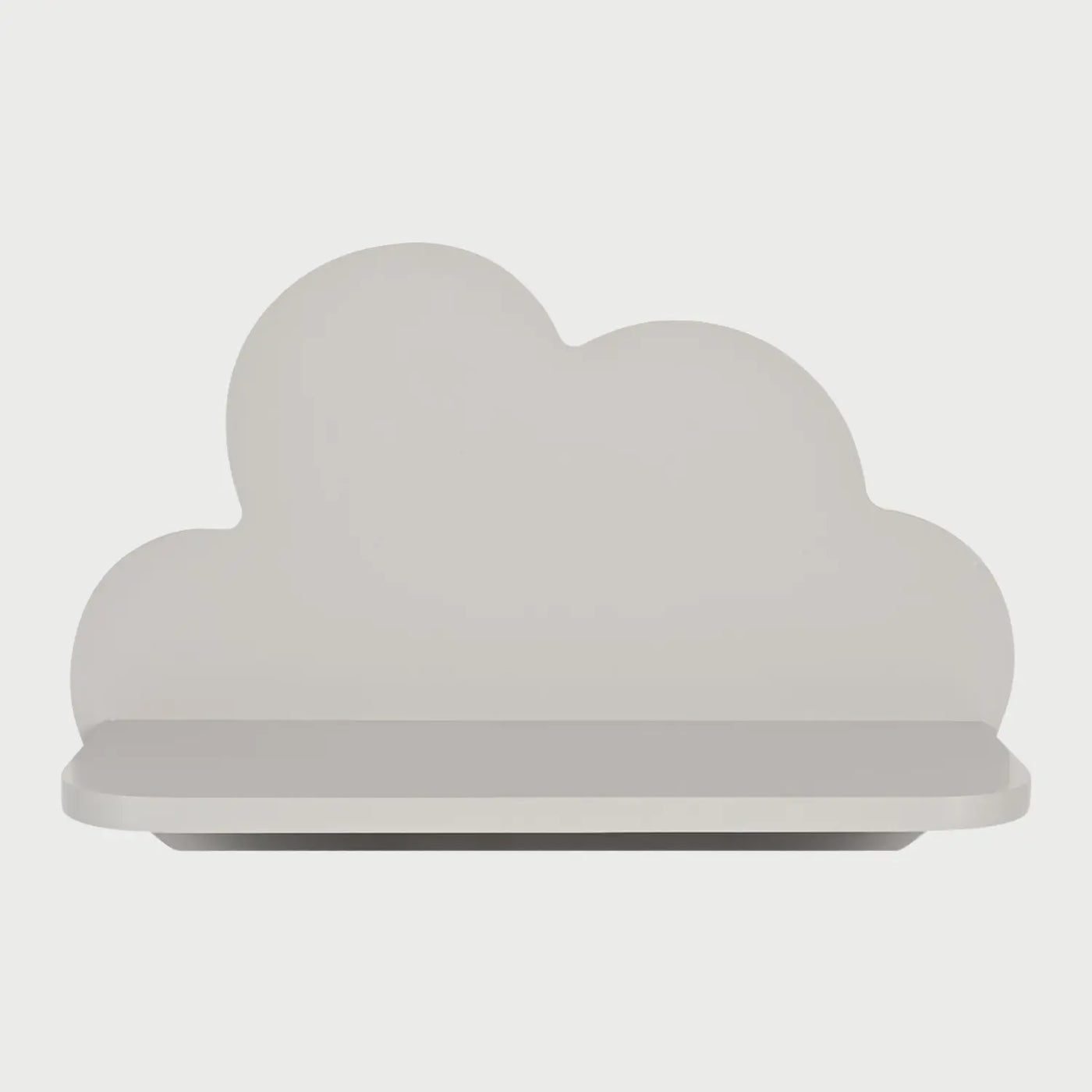 Vista frontal de un set de dos repisas Nuage en color gris con forma de nube; presenta una base plana y sólida integrada a un respaldo decorativo con silueta de nube de bordes redondeados