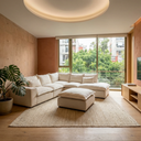 Conjunto modular en marfil con banca derecha y taburete, perfecto para dar un toque moderno a tu sala.