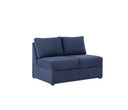 Sofá modular en color azul con diseño simple, dos cojines de respaldo y un cojín de asiento, ideal para cualquier espacio.
