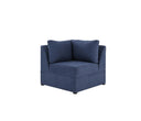 Sofá modular izquierdo Amil en color azul, con cojines de respaldo y un diseño moderno, ideal para cualquier espacio.
