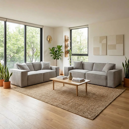 Set de sala Otto gris claro con sofá de 3 y 2 cuerpos en estancia iluminada