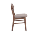 Vista perfil de la silla Boris con estructura de madera en acabado nogal oscuro y asiento acolchado tapizado en tela color café; presenta un respaldo ancho de madera contrachapada con veta visible y patas cilíndricas reforzadas.