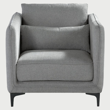 Sillón Marina GAIA en tela gris de diseño contemporáneo con patas metálicas negras.