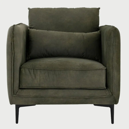 Sillón de acento Marina GAIA tapizado en tela verde con patas de metal negras vista frontal.