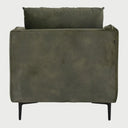 Vista posterior del sillón Marina en color verde olivo, mostrando el acabado liso del respaldo y la estructura de madera natural que aporta estabilidad y diseño 360°.