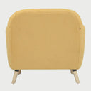 Vista posterior del sillón San Blas amarillo con patas de encino, resaltando el tapizado liso y la estructura de madera natural que ofrece una estética limpia desde cualquier ángulo