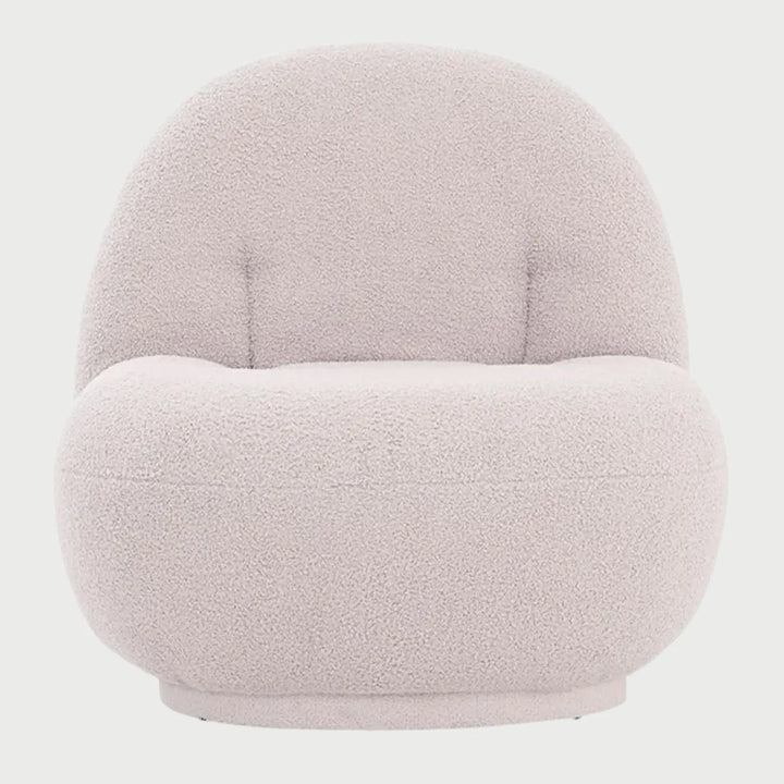 Sillón de acento Toscana GAIA con base tapizada en tela blanca de diseño orgánico circular vista frontal.
