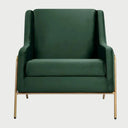Sillón moderno Tuxama GAIA en tela verde esmeralda con patas metálicas doradas y silueta estilizada.