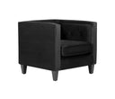 Sillón Moncayo tapizado en terciopelo negro con respaldo acolchado y patas en ángulo, ideal para cualquier sala moderna.